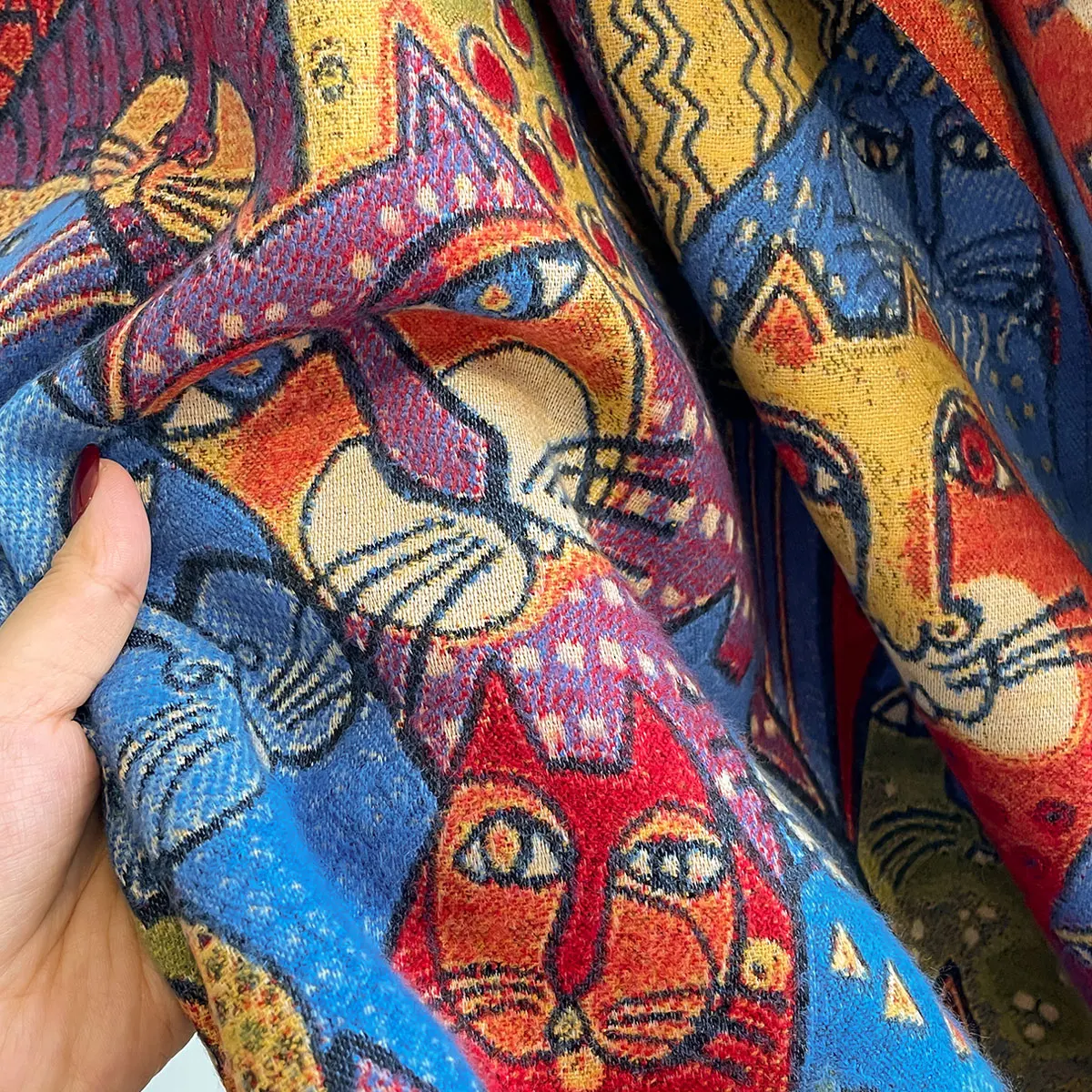 Luxury Winter Cashmere Colorful Kitten Design Scarf Women Warm Pashmina Blanket Poncho Scarves Female Oil painting Shawl Bufanda