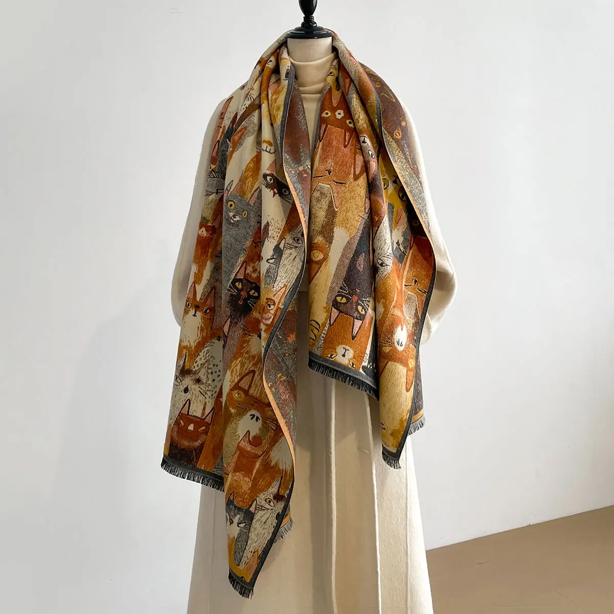 Luxury Winter Cashmere Colorful Kitten Design Scarf Women Warm Pashmina Blanket Poncho Scarves Female Oil painting Shawl Bufanda