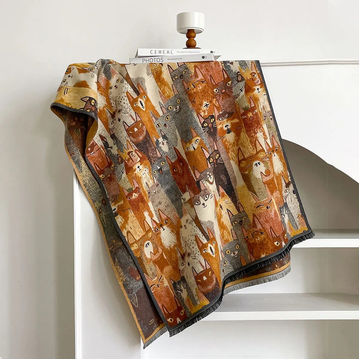Luxury Winter Cashmere Colorful Kitten Design Scarf Women Warm Pashmina Blanket Poncho Scarves Female Oil painting Shawl Bufanda