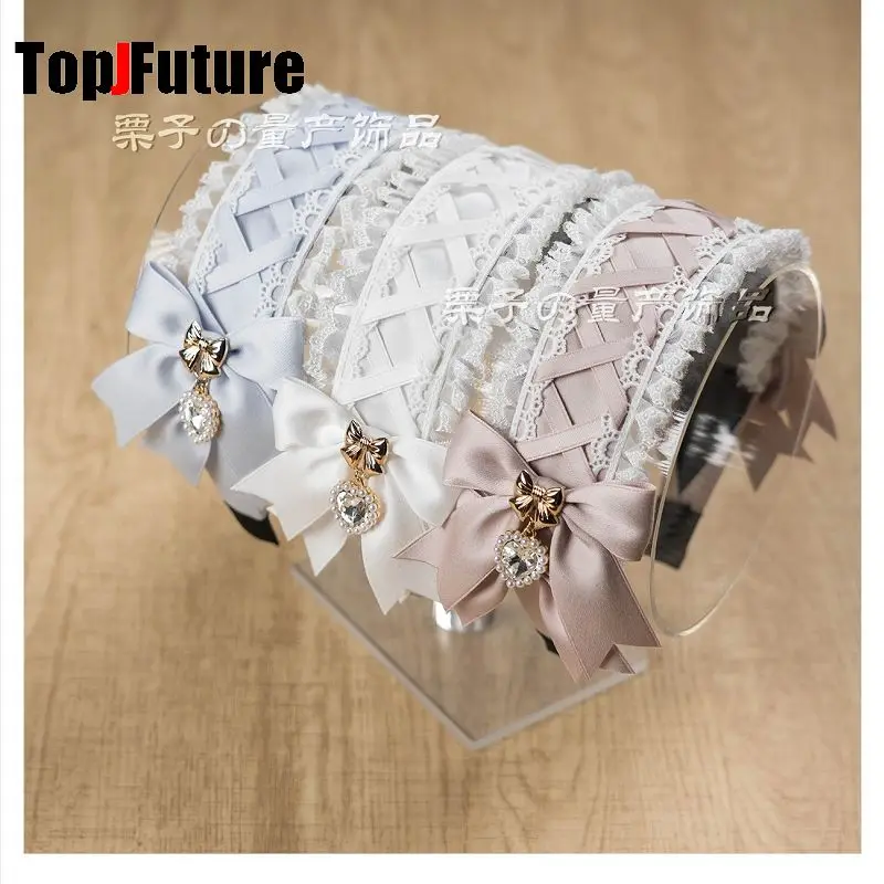 Women's Harajuku Gothic Lolita Subculture Y2K GIRL Elegant Sweet Cross Tie Strap Lace Bow Pearl Love Pendant Headband Hair Band
