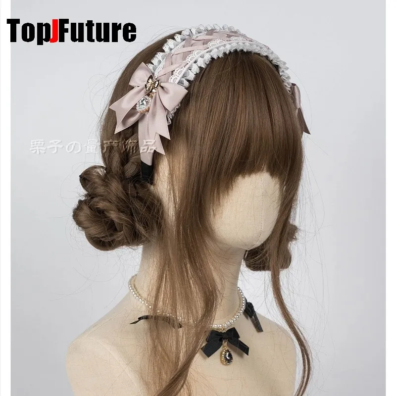 Women's Harajuku Gothic Lolita Subculture Y2K GIRL Elegant Sweet Cross Tie Strap Lace Bow Pearl Love Pendant Headband Hair Band