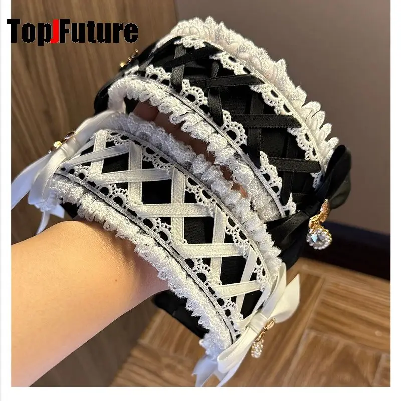 Women's Harajuku Gothic Lolita Subculture Y2K GIRL Elegant Sweet Cross Tie Strap Lace Bow Pearl Love Pendant Headband Hair Band