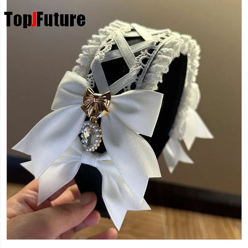 Women's Harajuku Gothic Lolita Subculture Y2K GIRL Elegant Sweet Cross Tie Strap Lace Bow Pearl Love Pendant Headband Hair Band