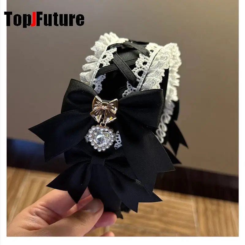 Women's Harajuku Gothic Lolita Subculture Y2K GIRL Elegant Sweet Cross Tie Strap Lace Bow Pearl Love Pendant Headband Hair Band