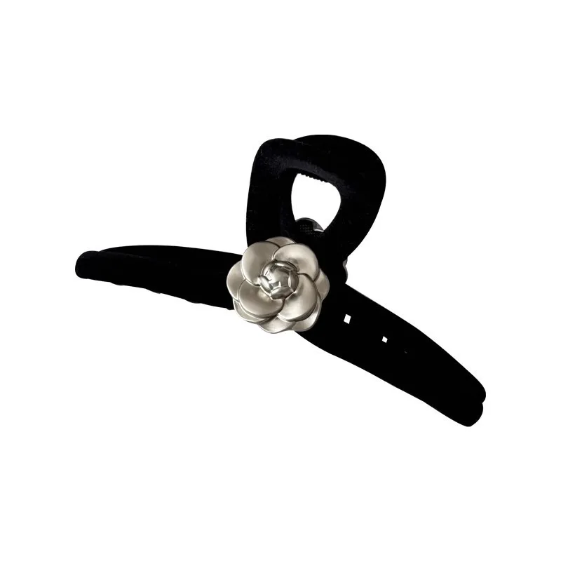1pc Premium Matte Gray Camellia Velvet Hair Clip for Women, New Style Hairpin, Rear Hair Updo Shark Clip