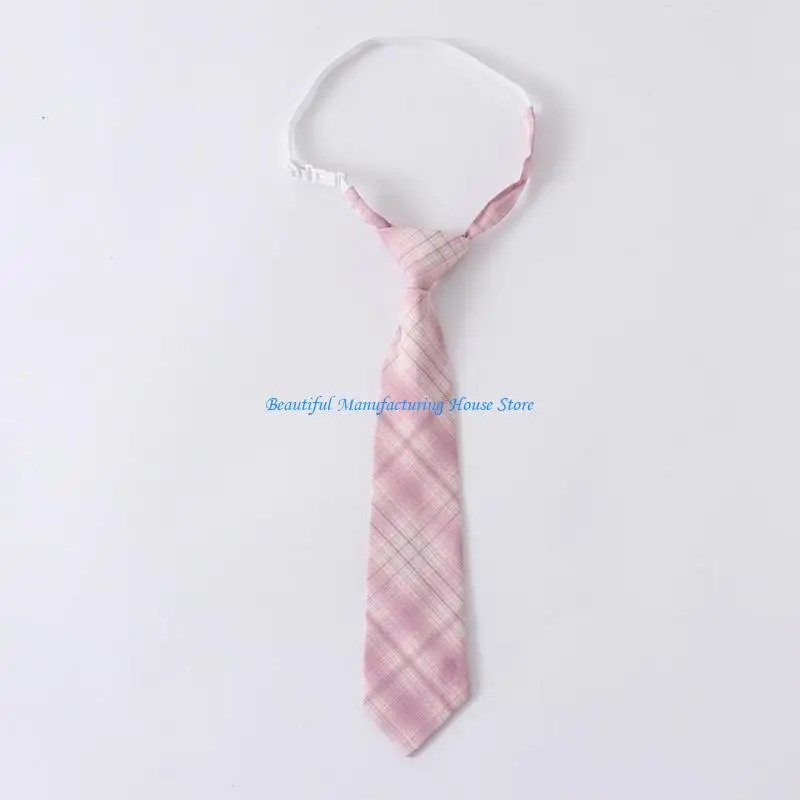 E56A JK Girl Sweet Pink Checkered Pre-Tied Tie Polyester Silk Necktie Japanese College School Uniform Bowknot Bowtie Neckwear