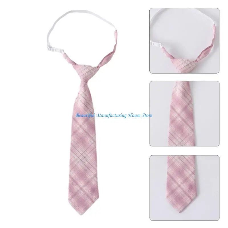 E56A JK Girl Sweet Pink Checkered Pre-Tied Tie Polyester Silk Necktie Japanese College School Uniform Bowknot Bowtie Neckwear