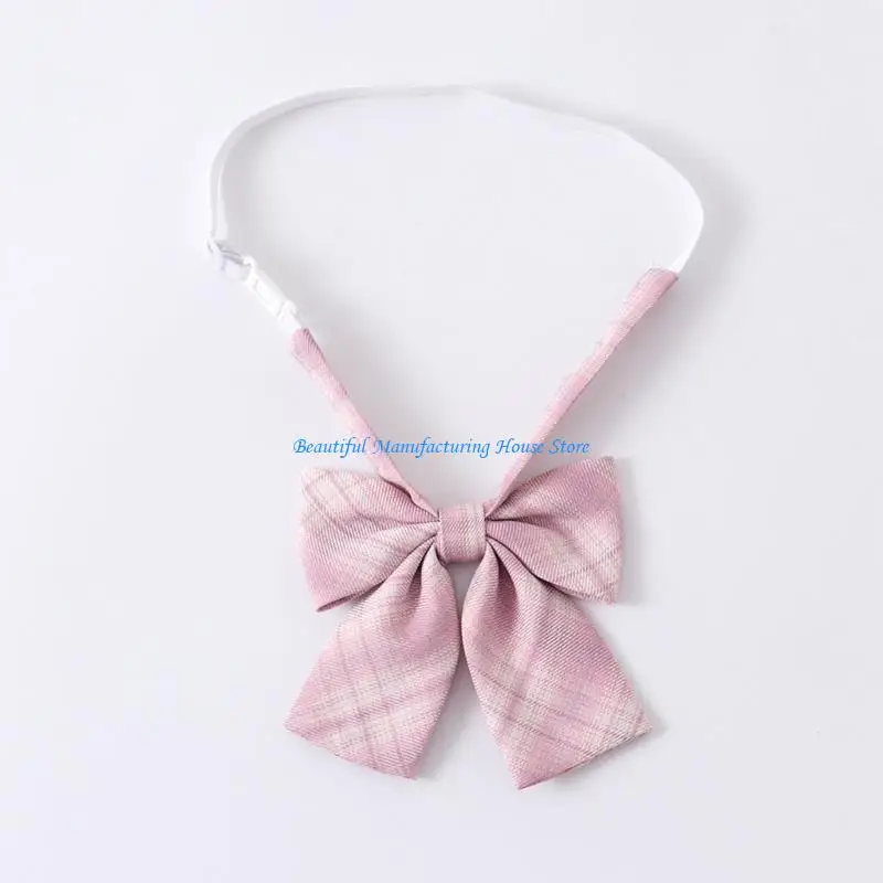 E56A JK Girl Sweet Pink Checkered Pre-Tied Tie Polyester Silk Necktie Japanese College School Uniform Bowknot Bowtie Neckwear