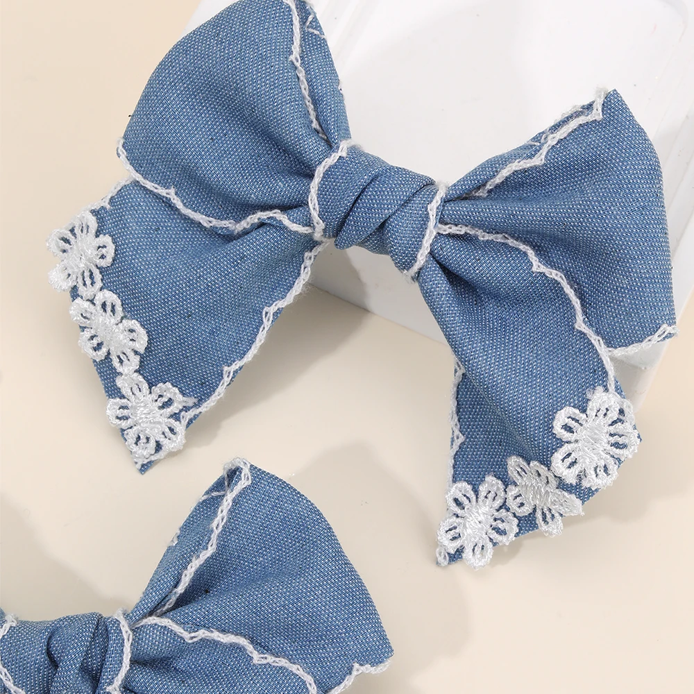 2Pcs Denim Flower Bow Hair Clips Sweet Cute Floral Embroidered Boho Bownot Hairpin For Girls Children Headwear Hair Accessories