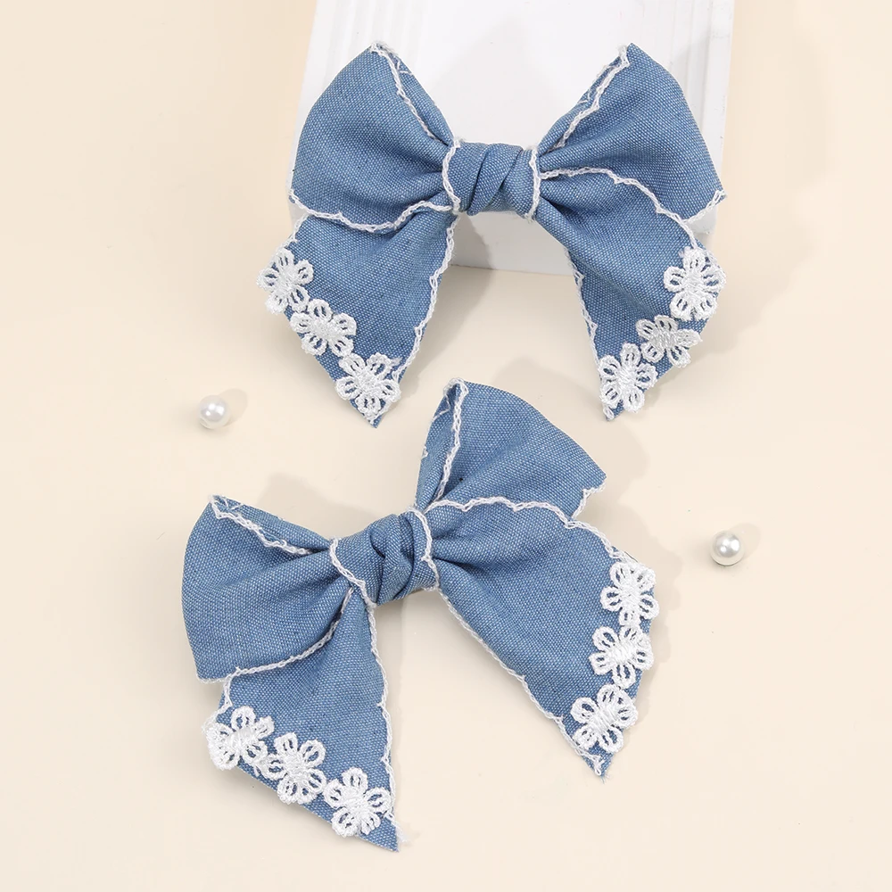 2Pcs Denim Flower Bow Hair Clips Sweet Cute Floral Embroidered Boho Bownot Hairpin For Girls Children Headwear Hair Accessories