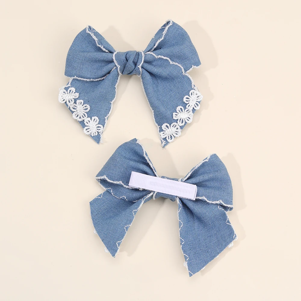 2Pcs Denim Flower Bow Hair Clips Sweet Cute Floral Embroidered Boho Bownot Hairpin For Girls Children Headwear Hair Accessories