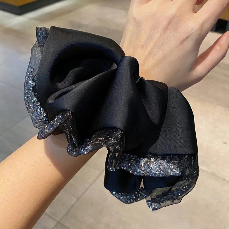 Oversized Silk Crystal Hair Scrunchies For Women Exaggerated Shiny Rhinestone Black Mesh Head Bands Fashion Hair Accessories