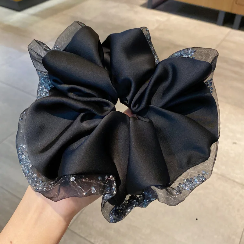 Oversized Silk Crystal Hair Scrunchies For Women Exaggerated Shiny Rhinestone Black Mesh Head Bands Fashion Hair Accessories