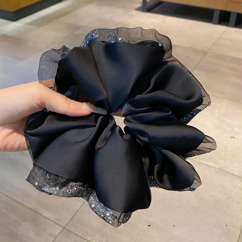 Oversized Silk Crystal Hair Scrunchies For Women Exaggerated Shiny Rhinestone Black Mesh Head Bands Fashion Hair Accessories