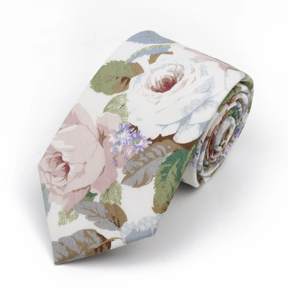 New Men's 7.5cm Tie Cotton Beautiful Elegant Pink Green Flower Leaves Necktie Wedding Party Daily Suit Shirt Accessory Gift