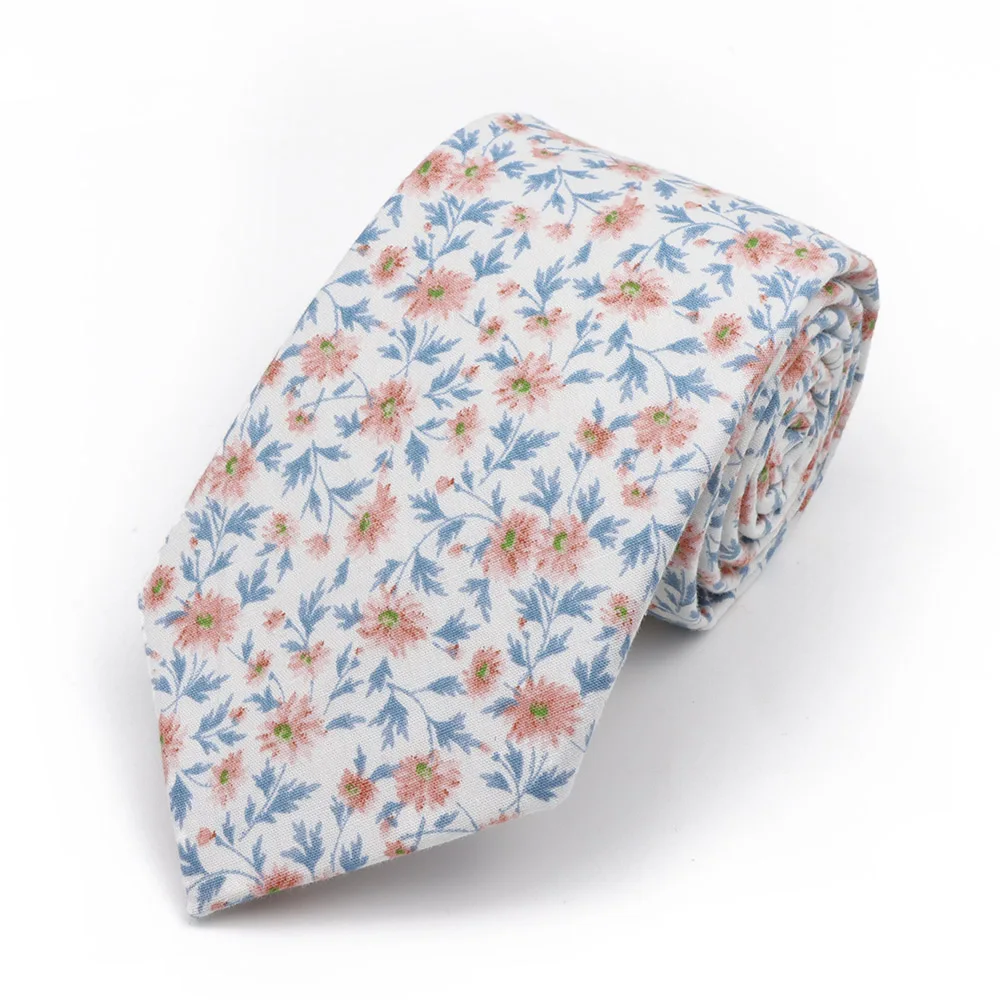 New Men's 7.5cm Tie Cotton Beautiful Elegant Pink Green Flower Leaves Necktie Wedding Party Daily Suit Shirt Accessory Gift