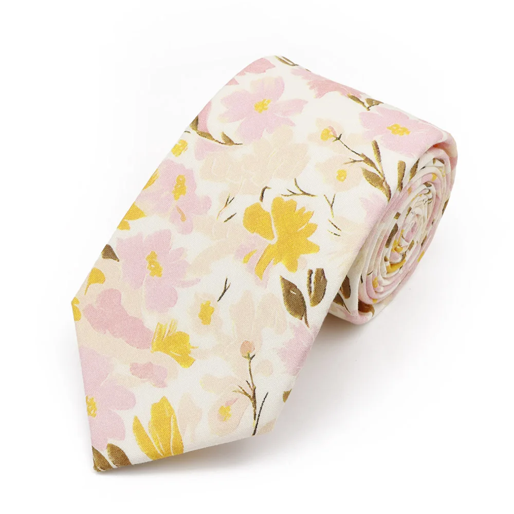 New Men's 7.5cm Tie Cotton Beautiful Elegant Pink Green Flower Leaves Necktie Wedding Party Daily Suit Shirt Accessory Gift