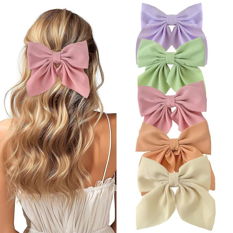 1/2/3/4/5pcs Girls Fashion Colors Short Bow Hair Clips, Soft Classic-Tailed Bow Hairpins, Vintage Metal Hair Clip Silk Headband