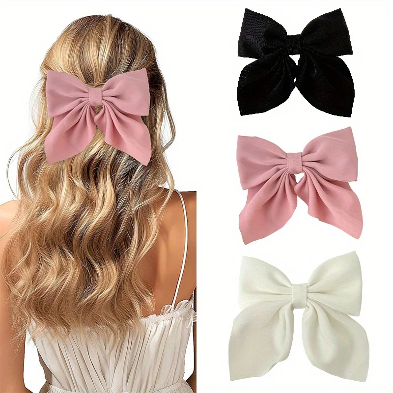 1/2/3/4/5pcs Girls Fashion Colors Short Bow Hair Clips, Soft Classic-Tailed Bow Hairpins, Vintage Metal Hair Clip Silk Headband