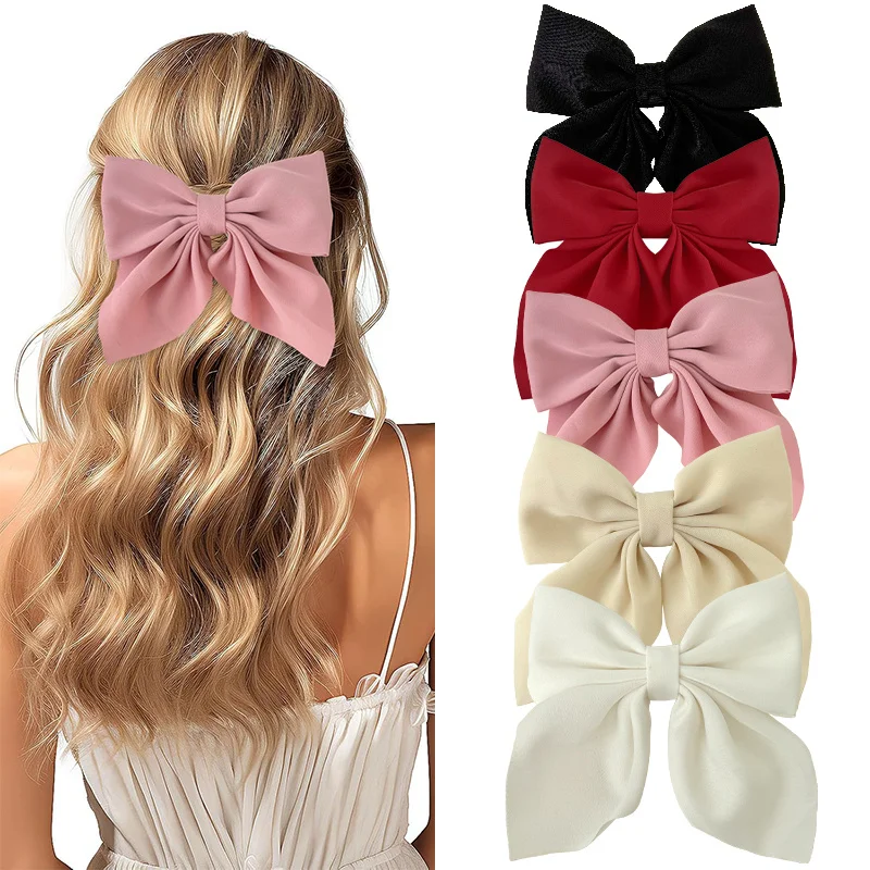 1/2/3/4/5pcs Girls Fashion Colors Short Bow Hair Clips, Soft Classic-Tailed Bow Hairpins, Vintage Metal Hair Clip Silk Headband