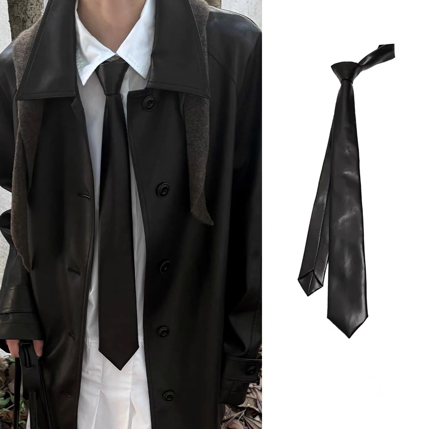 New Fashion PU Leather Neck Ties For Men Pure Solid Black White Necktie 5.5CM Narrow Tie Wedding Party Business Suit Accessories