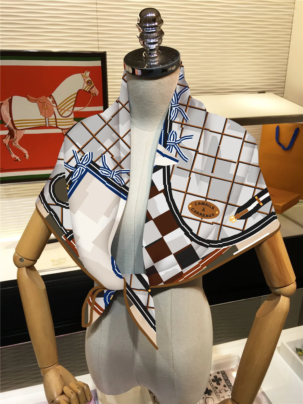 Twill Silk Scarf Shawl Luxury Brand Plaid Horse Head Print Square Scarf Women Hijabs Bandana Foulard Neckerchief Head Scarves