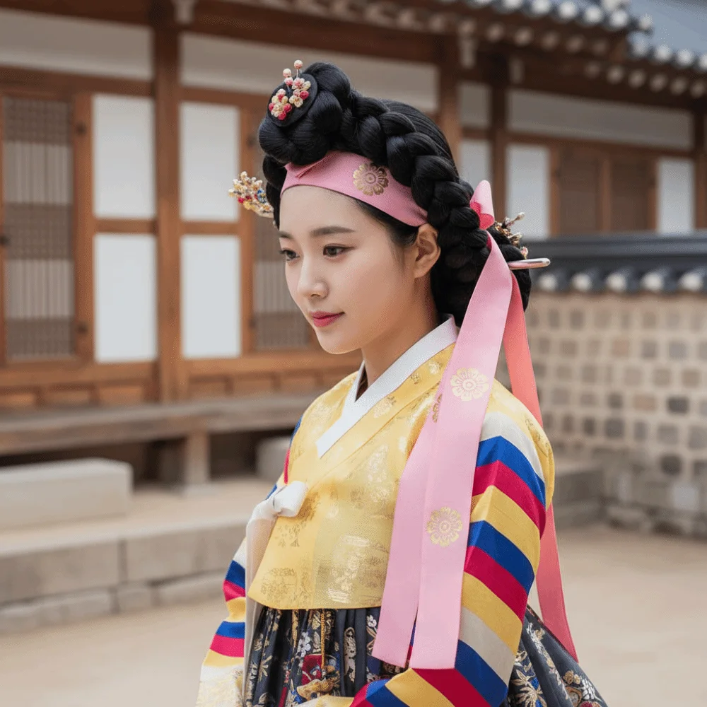 Fashion Flower Korean Headband Ribbon Court Korean Hanbok Hairband Traditional Headdress Stage Dance Costume Girl