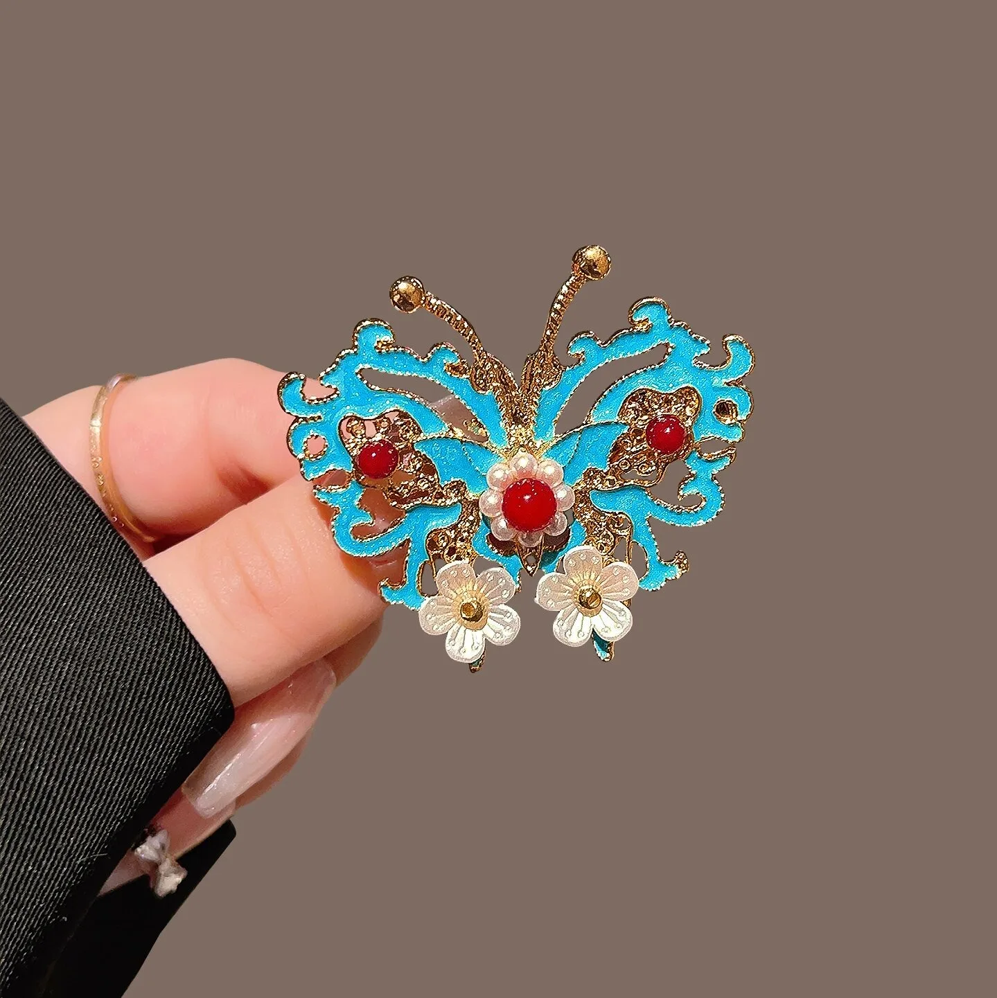 New Chinese Style Ancient Style Blue Hanfu Women Alloy Hair Clip Retro Auspicious Cloud Pearl Tassel Butterfly Duckbill Clip