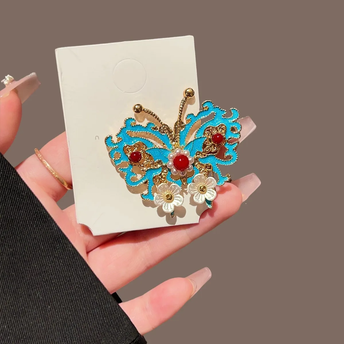 New Chinese Style Ancient Style Blue Hanfu Women Alloy Hair Clip Retro Auspicious Cloud Pearl Tassel Butterfly Duckbill Clip