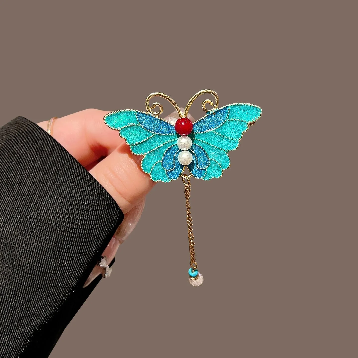 New Chinese Style Ancient Style Blue Hanfu Women Alloy Hair Clip Retro Auspicious Cloud Pearl Tassel Butterfly Duckbill Clip