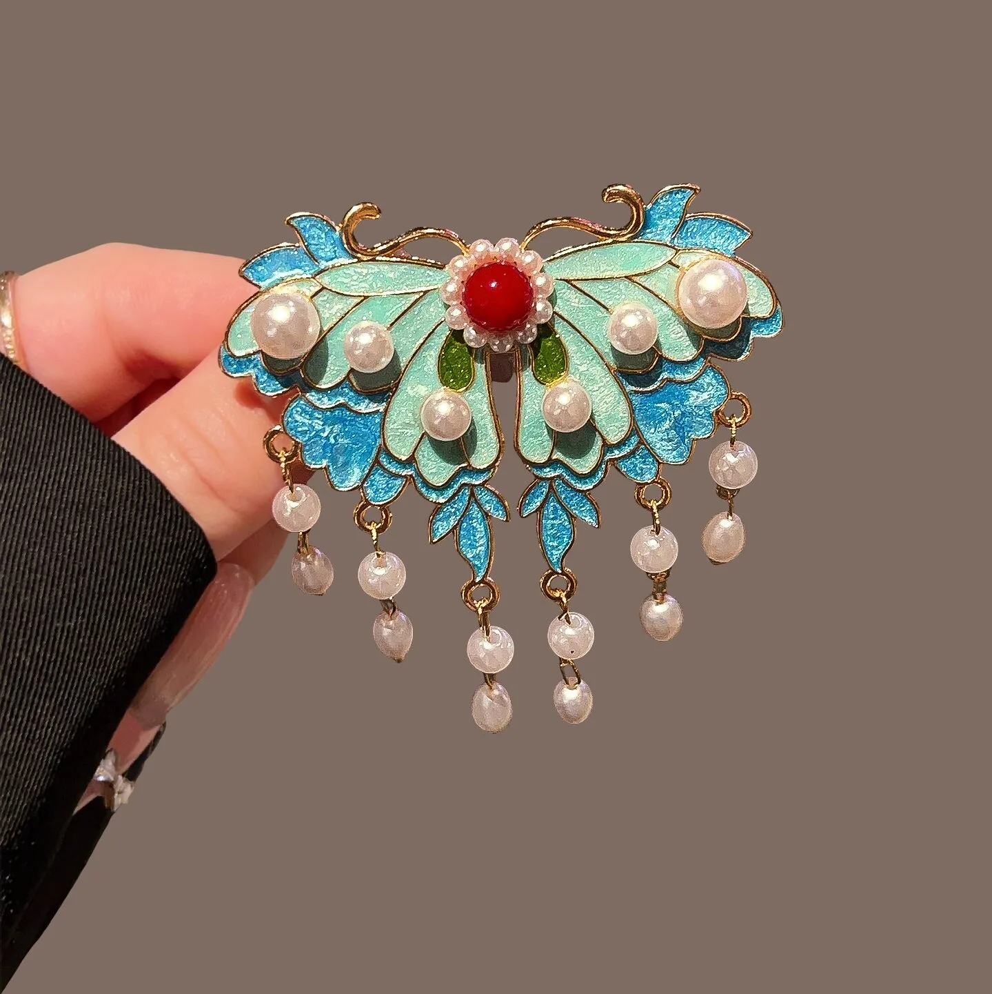 New Chinese Style Ancient Style Blue Hanfu Women Alloy Hair Clip Retro Auspicious Cloud Pearl Tassel Butterfly Duckbill Clip