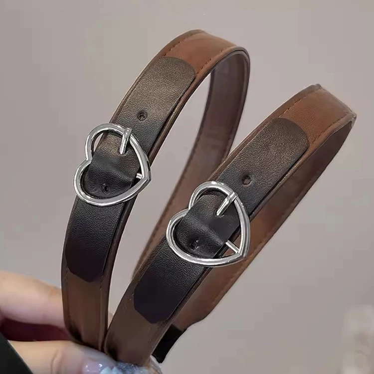 Fashion Coffee Brown Leather Buckle Hairband Hair Accessories Head Band for Women Spring Autumn Warm PU Leather Heart Headbands