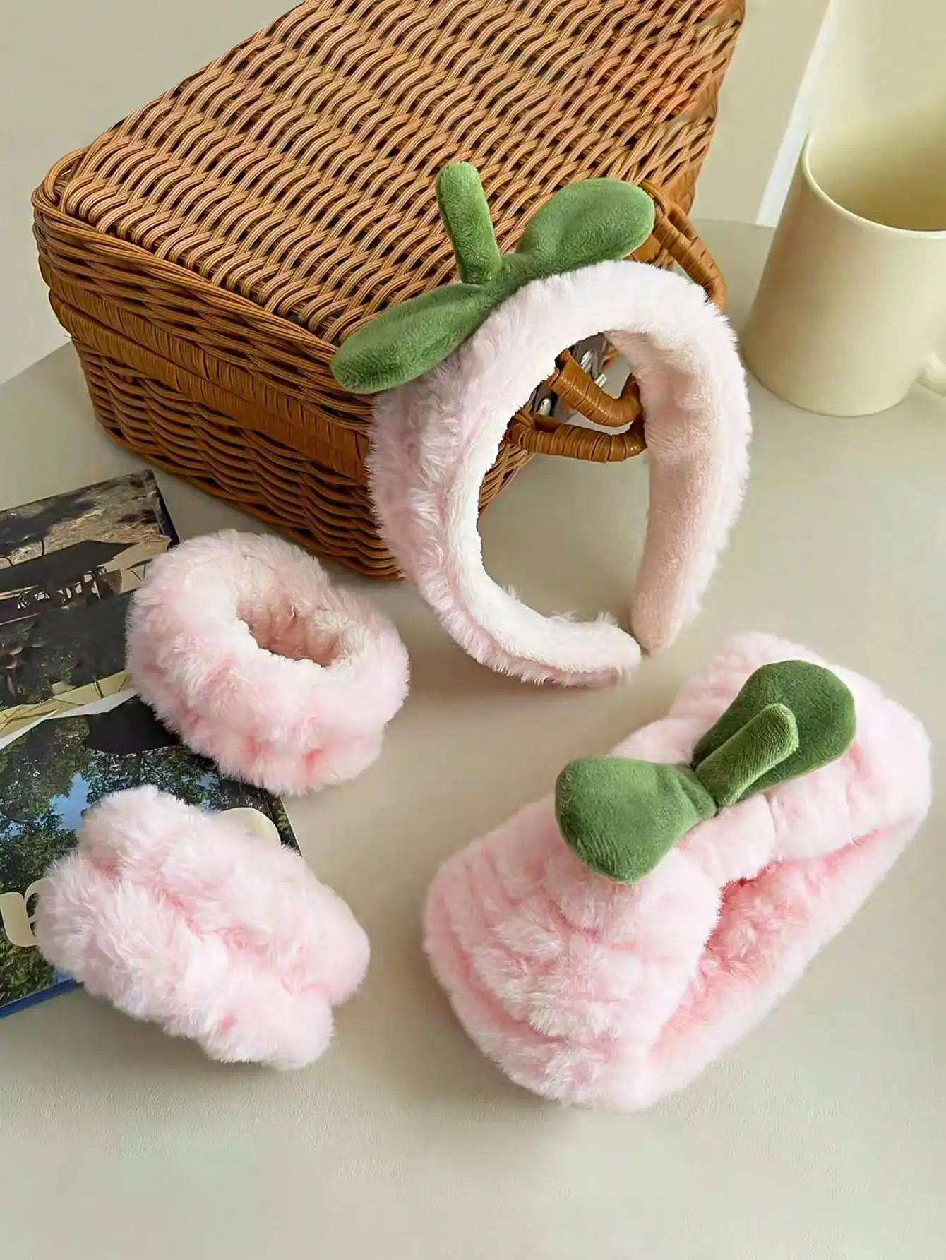4Pcs Pink Strawberry Face Wash Skincare Hair Bands for Women Girls Cute Soft Makeup Headband Basic Utility Hair Accessories