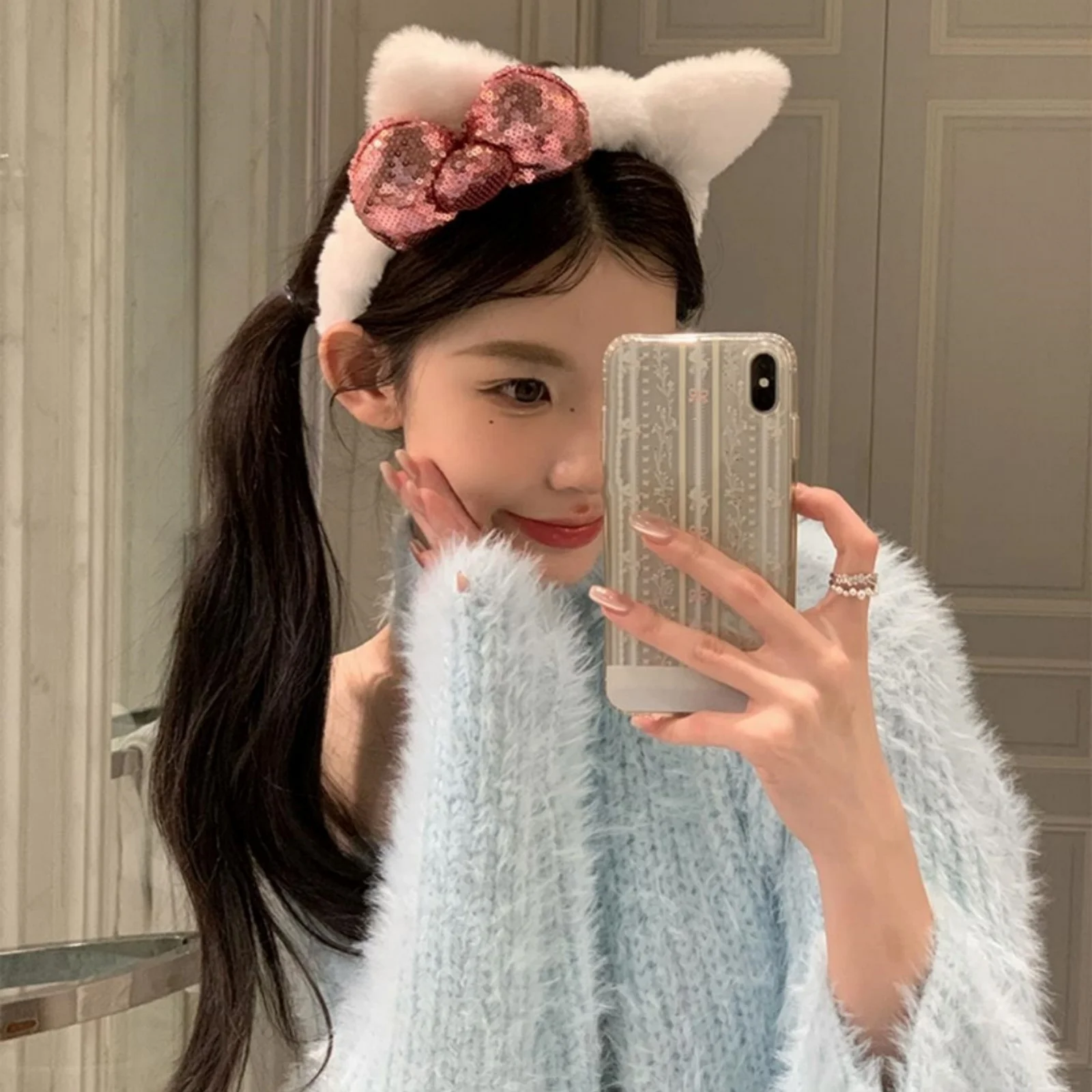 1PC Cat Ear Plush Hair Band, Casual Photo Hair Accessory, Hair Band with Bowknot, Polyester Material, Suitable for Winter (Fit F