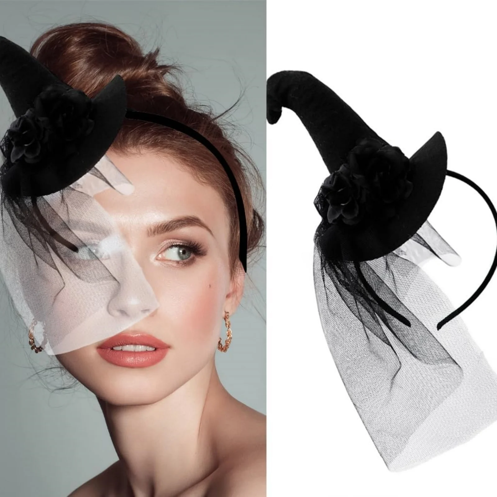 1PC Gothic Halloween Live Broadcast Hairband Women Photoshoots Hairband Witch Hat&Black Yarn Veil Headbands Black Color