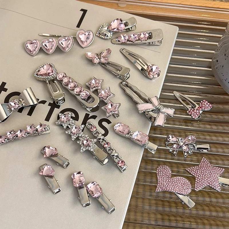 Fashion Pink Series Hair Clip New Korean Style Heart Rhinestones Side Bangs Sweet Cool Exquisite Metal Hair Clip Accessories