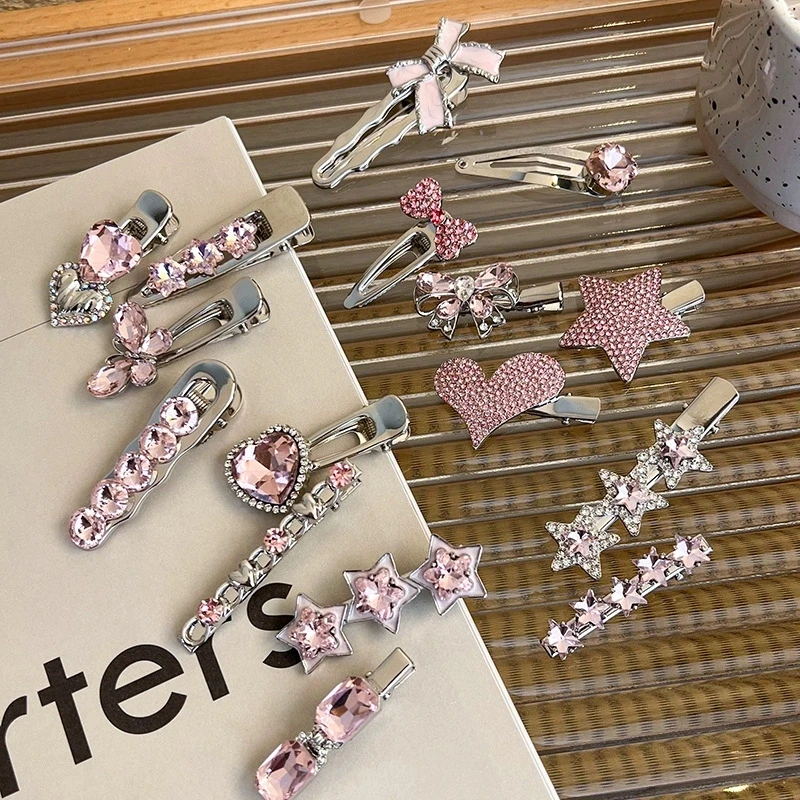 Fashion Pink Series Hair Clip New Korean Style Heart Rhinestones Side Bangs Sweet Cool Exquisite Metal Hair Clip Accessories