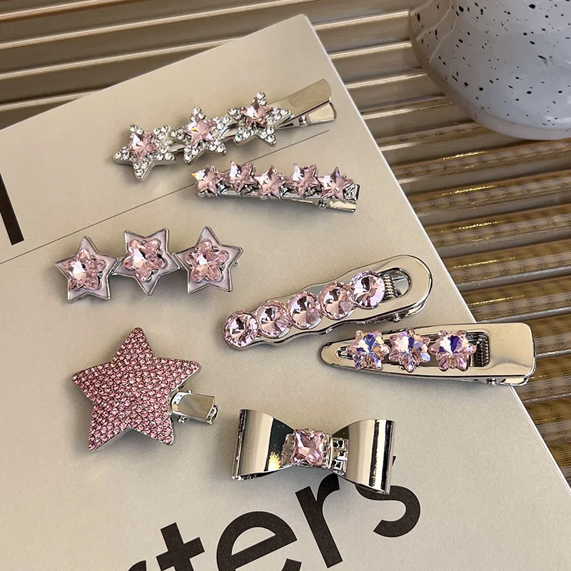 Fashion Pink Series Hair Clip New Korean Style Heart Rhinestones Side Bangs Sweet Cool Exquisite Metal Hair Clip Accessories