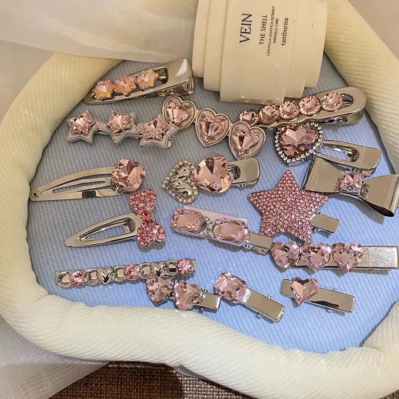 Fashion Pink Series Hair Clip New Korean Style Heart Rhinestones Side Bangs Sweet Cool Exquisite Metal Hair Clip Accessories