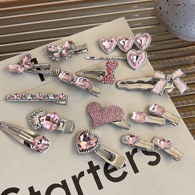 Fashion Pink Series Hair Clip New Korean Style Heart Rhinestones Side Bangs Sweet Cool Exquisite Metal Hair Clip Accessories