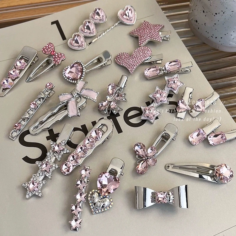 Fashion Pink Series Hair Clip New Korean Style Heart Rhinestones Side Bangs Sweet Cool Exquisite Metal Hair Clip Accessories