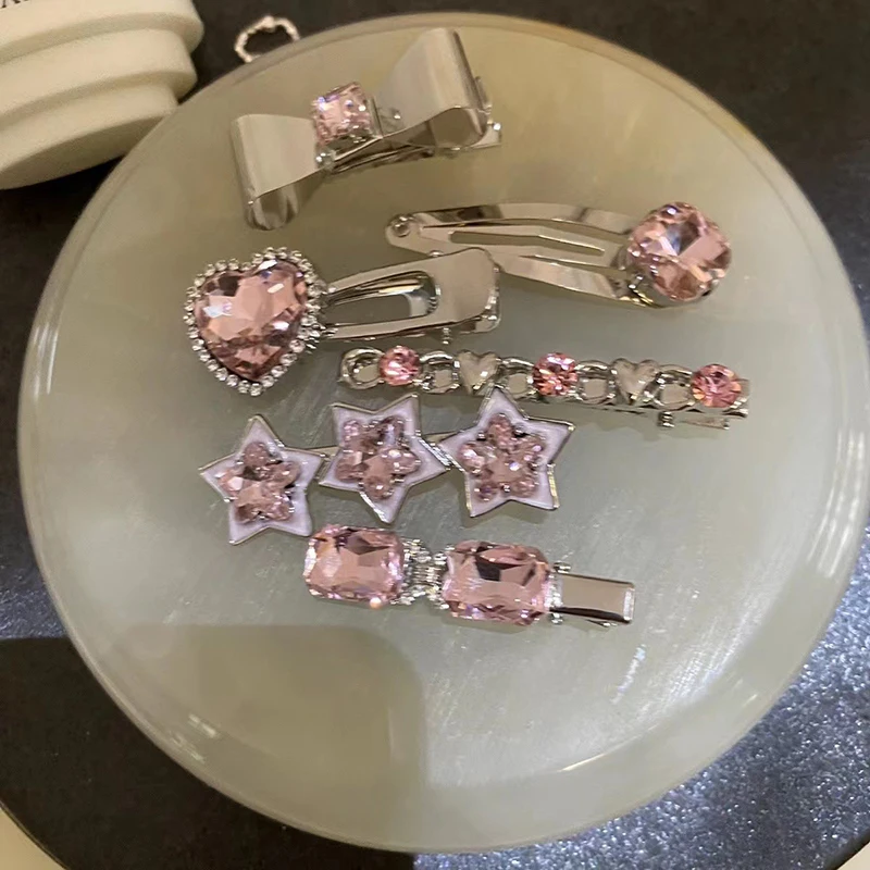 Fashion Pink Series Hair Clip New Korean Style Heart Rhinestones Side Bangs Sweet Cool Exquisite Metal Hair Clip Accessories