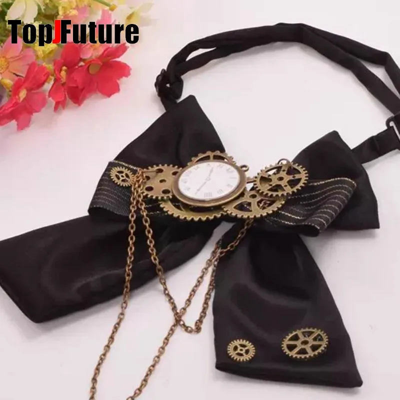 Women Men Steampunk Halloween Lolita Retro Bow Tie Clock Chain Gear Bow Tie Punk Y2K Girl Necktie Accessories Goth Tie