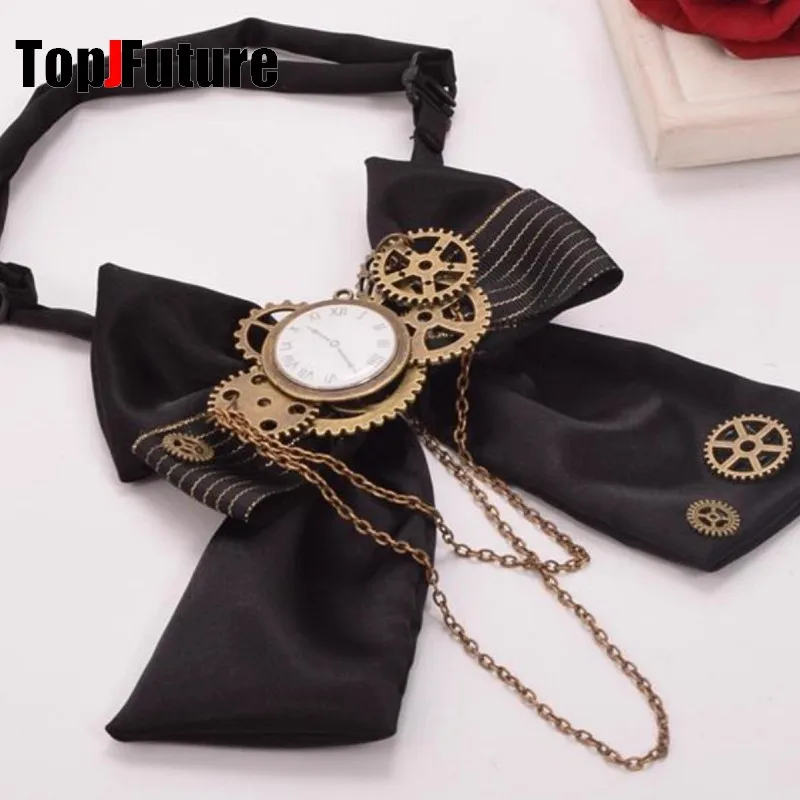 Women Men Steampunk Halloween Lolita Retro Bow Tie Clock Chain Gear Bow Tie Punk Y2K Girl Necktie Accessories Goth Tie
