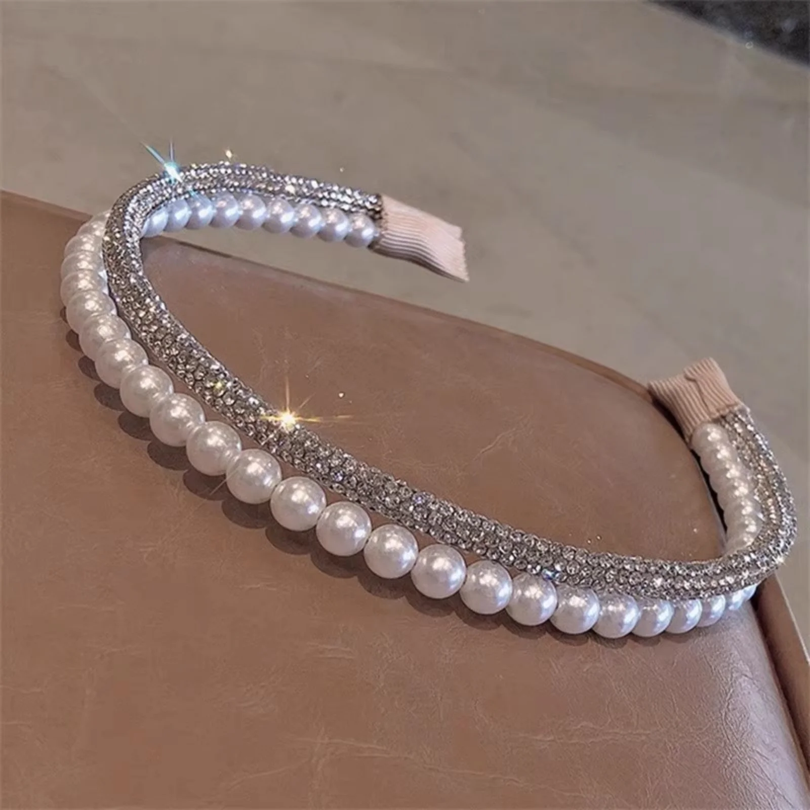 1PC Fashionable Double-Layer Imitation Pearl & Rhinestone Hair Hoop for Women - High-End Rhinestone-Inlaid, Versatile for Outing