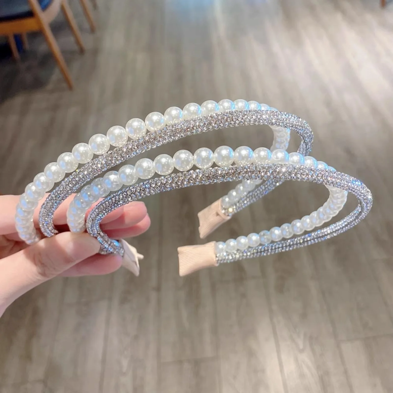 1PC Fashionable Double-Layer Imitation Pearl & Rhinestone Hair Hoop for Women - High-End Rhinestone-Inlaid, Versatile for Outing