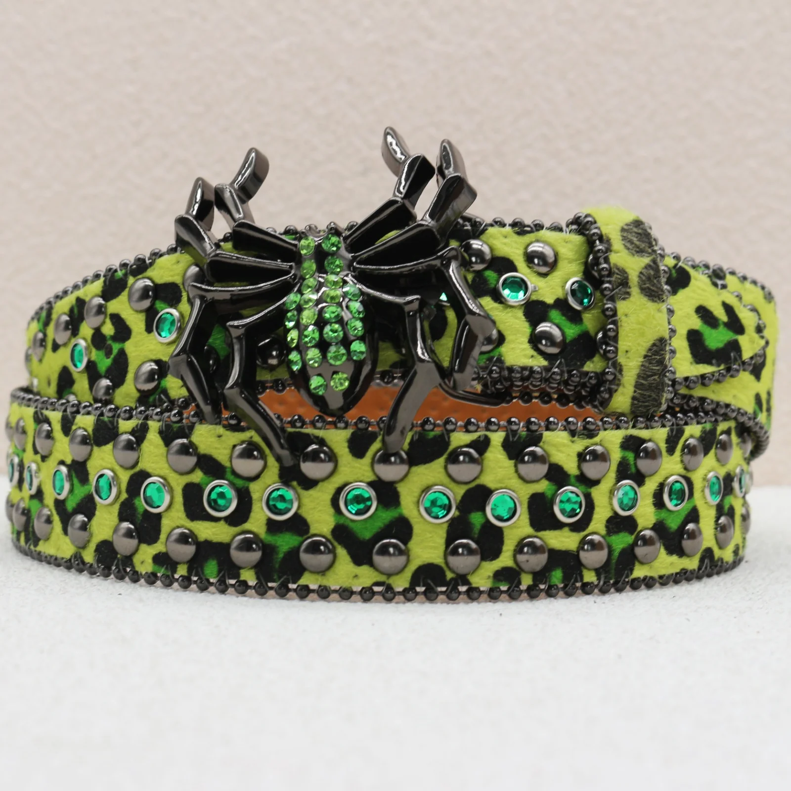 New Leopard Print Spider Rhinestone Belt, European and American Y2K Hip-Hop Style Jeans Rivet Belt, Big Spider Buckle Belt