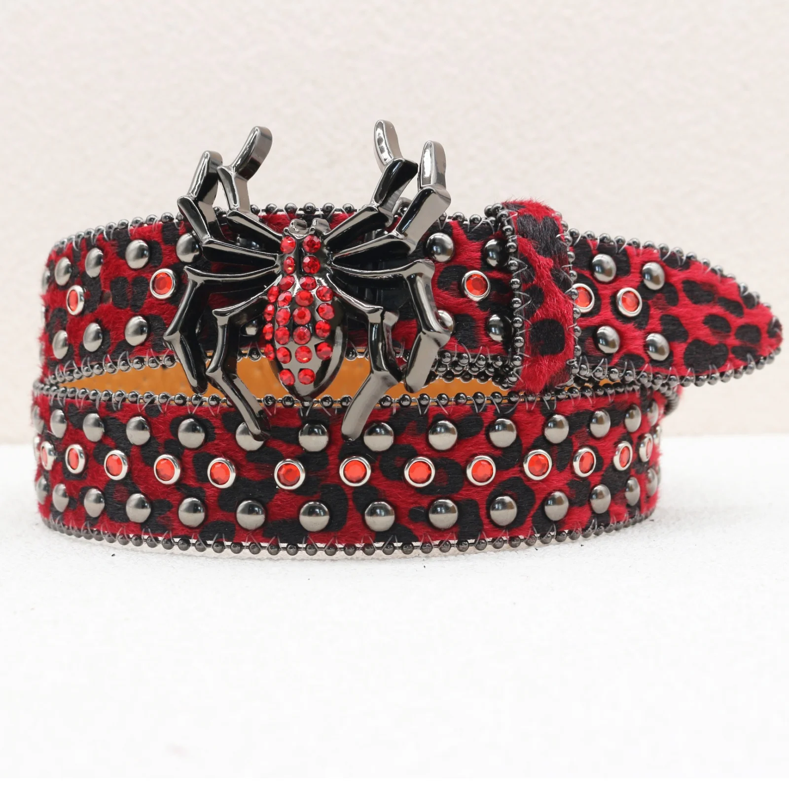 New Leopard Print Spider Rhinestone Belt, European and American Y2K Hip-Hop Style Jeans Rivet Belt, Big Spider Buckle Belt