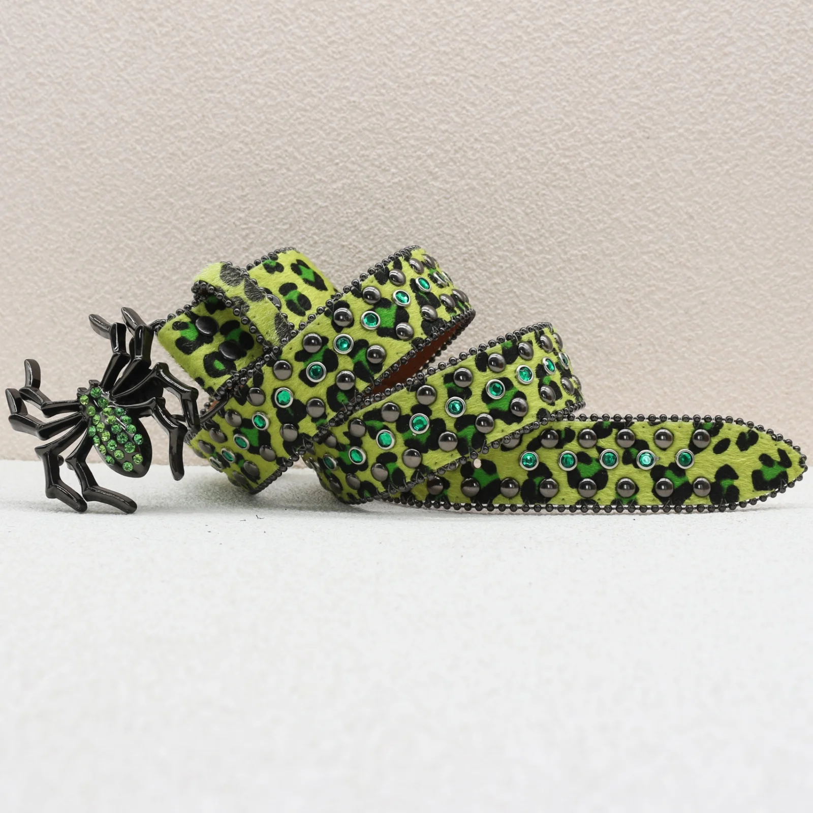 New Leopard Print Spider Rhinestone Belt, European and American Y2K Hip-Hop Style Jeans Rivet Belt, Big Spider Buckle Belt