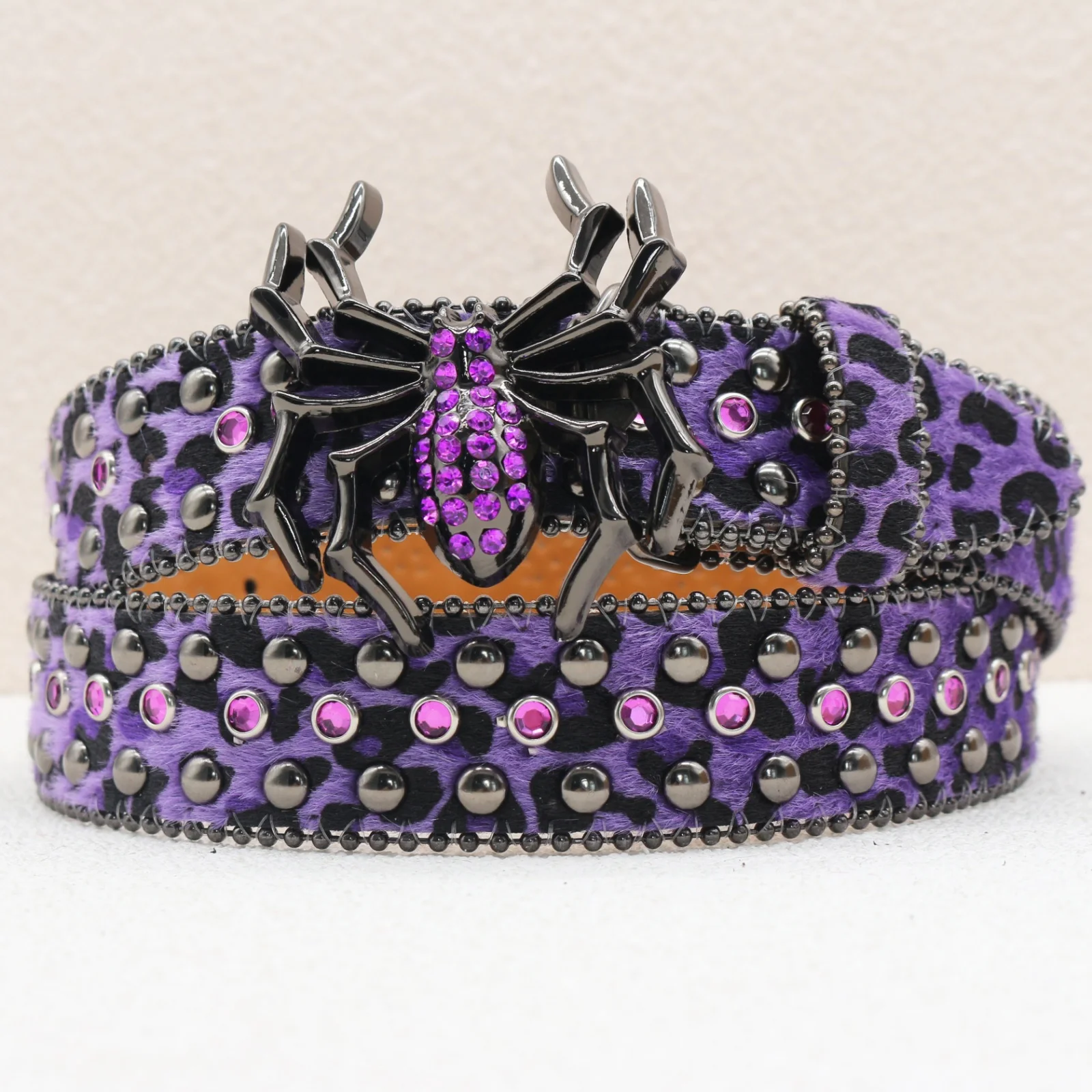New Leopard Print Spider Rhinestone Belt, European and American Y2K Hip-Hop Style Jeans Rivet Belt, Big Spider Buckle Belt
